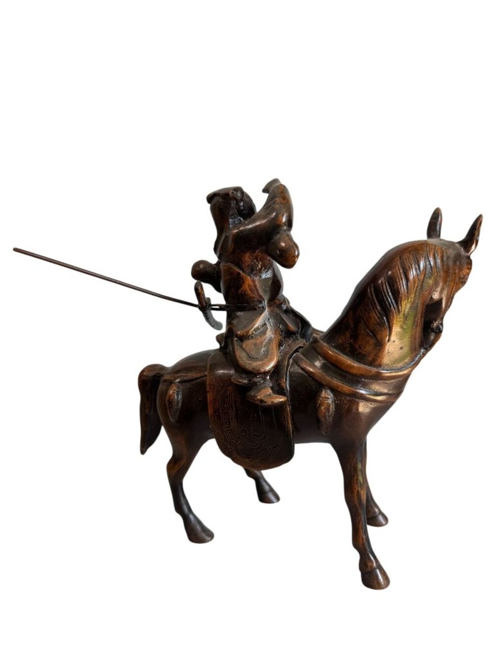 Antique Chinese Guan Yu Kwan Kung Cast Iron Bronze Finish Statue on Horse 10" - Picture 10 of 16